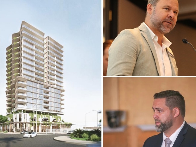 The Changfa tower development on the corner of the Gold Coast Highway and Palm Beach Avenue at Palm Beach. This is in the division of Councillor Josh Martin (pictured top right). City planning chair is Mark Hammel (pictured bottom right).