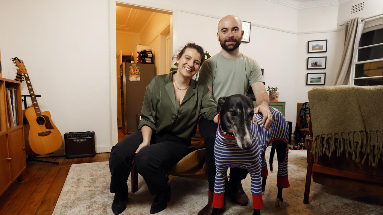 Sally Alrich-Smythe said her and partner Sam Gill almost had to ask her Mum to be their greyhound Ed’s carer to secure a rental in Sydney. Picture: Richard Dobson