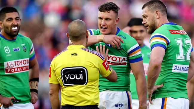 NEWCASTLE, AUSTRALIA - SEPTEMBER 10: Jack Wighton of the Raiders speaks with referee Ashley Klein during the NRL Elimination Final match between Newcastle Knights and Canberra Raiders at McDonald Jones Stadium on September 10, 2023 in Newcastle, Australia. (Photo by Brendon Thorne/Getty Images)