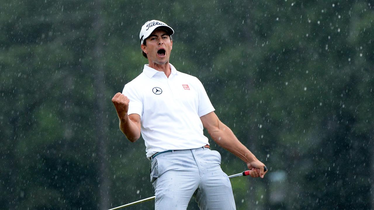 Adam Scott celebrates after making a birdie on the 18th hole during the final round of the 2013 Masters at Augusta National Golf Club on April 14, 2013. Photo: Getty Images