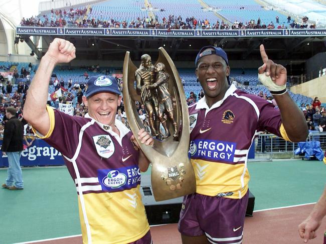 Kevin Walters and Wendell Sailor won the 2000 NRL Grand Final together. Now, Wendell credits Walters with saving son Tristan’s NRL career. Picture: David Kapernick