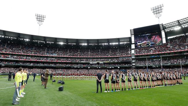 The pre-game ceremony at the MCG on Anzac Day. Picture: Getty Images