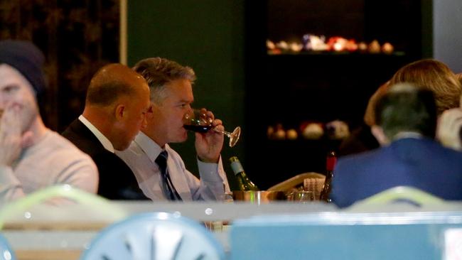 Peter Dutton and Mathias Cormann have dinner at Portia's Place restaurant in Kingston on Thursday night. Picture: Jonathan Ng