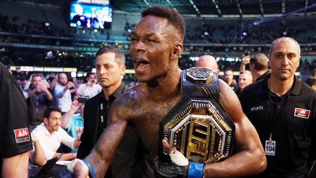 Israel Adesanya celebrates his win against Robert Whittaker last year. Picture: AAP