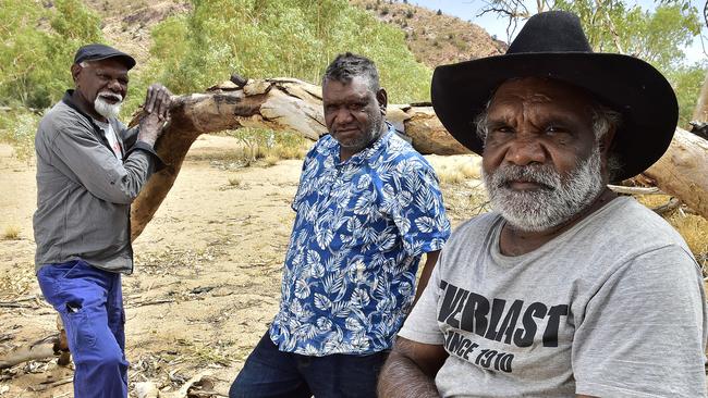 Prominent indigenous leaders Robin Granites, left, Lance McDonald and Conrad Ratara at Alice Springs. Picture: Chloe Erlich