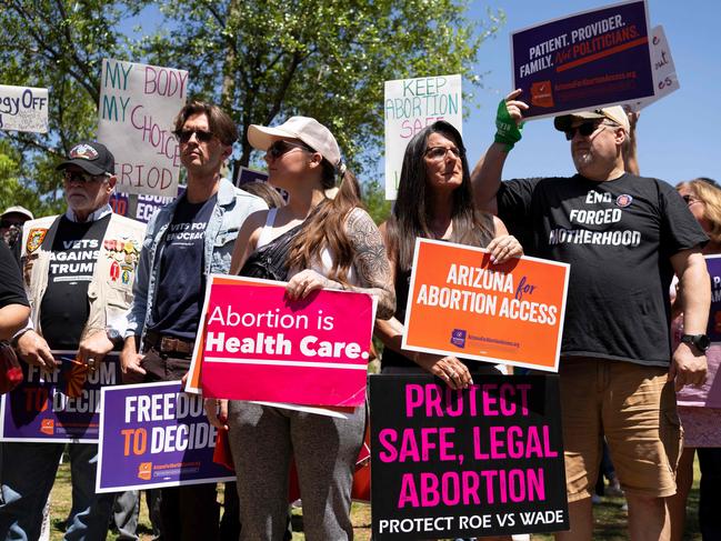 PHOENIX, ARIZONA - APRIL 17: Members of Arizona for Abortion Access, the ballot initiative to enshrine abortion rights in the Arizona State Constitution, hold a press conference and protest condemning Arizona House Republicans and the 1864 abortion ban during a recess from a legislative session at the Arizona House of Representatives on April 17, 2024 in Phoenix, Arizona. Arizona House Republicans blocked the Democrats from holding a vote to overturn the 1864 abortion ban revived last week by the Arizona Supreme Court.   Rebecca Noble/Getty Images/AFP (Photo by Rebecca Noble / GETTY IMAGES NORTH AMERICA / Getty Images via AFP)