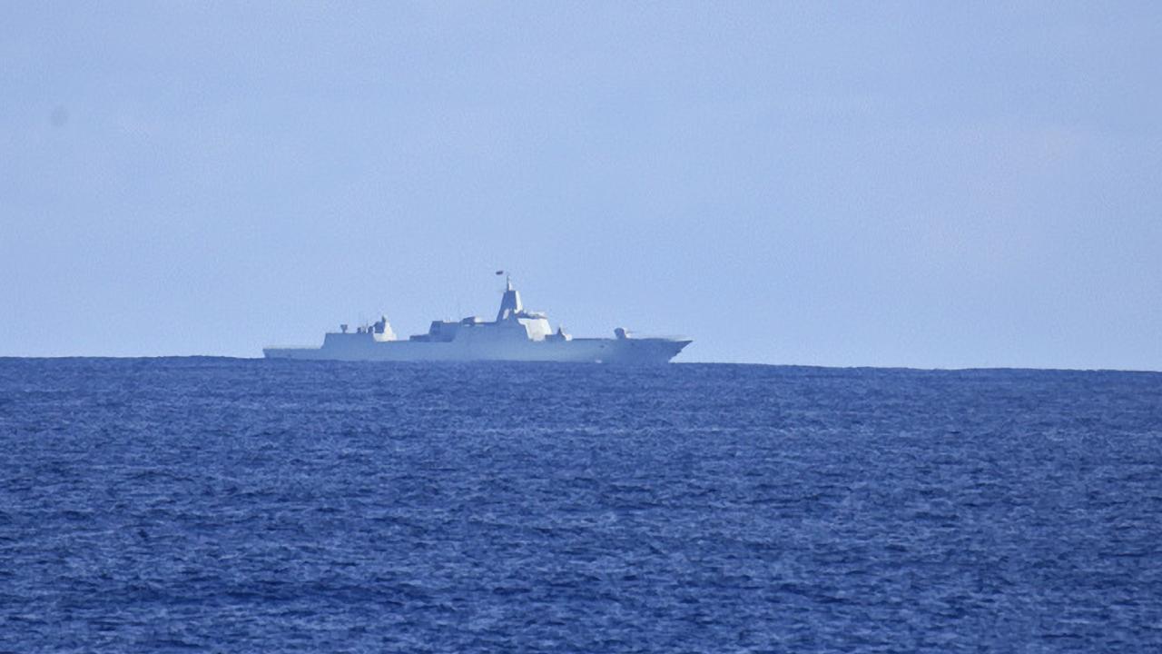 An image released on the 26th February, 2025 showing a Chinese Warship south of Tasmania, inside the Australian EEZ, and moving west, as seen from New Zealand's HMNZS Te Kaha and Seasprite helicopter. Picture: New Zealand Defence Force