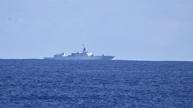 An image released on the 26th February, 2025 showing a Chinese Warship south of Tasmania, inside the Australian EEZ, and moving west, as seen from New Zealand's HMNZS Te Kaha and Seasprite helicopter. Picture: New Zealand Defence Force