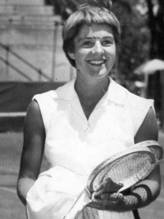 Jenny Staley after winning her first match in the mixed doubles championship at Memorial Drive, North Adelaide, 21 Jan 1955. (Pic by unidentified staff photographer)