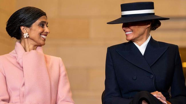 US Second Lady Usha Vance and First Lady Melania Trump smile as President Donald Trump delivers remarks in Emancipation Hall during inauguration ceremonies at the US Capitol. Picture: Greg Nash/Pool/AFP