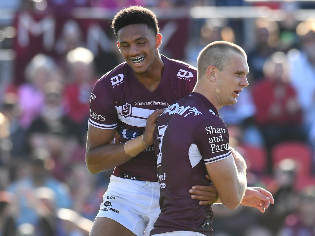 (L-R) Jason Saab and Tom Trbojevic scored 54 tries between them in 2021. Albert Perez/Getty Images)