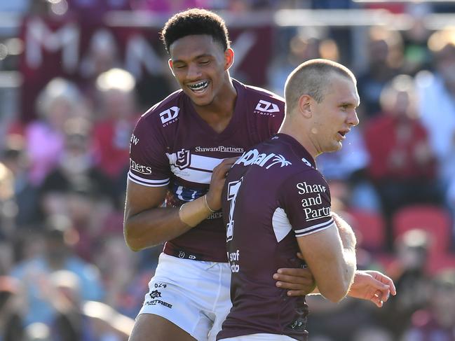 (L-R) Jason Saab and Tom Trbojevic scored 54 tries between them in 2021. Albert Perez/Getty Images)