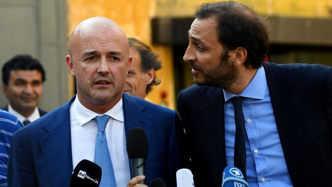 Gianluigi Nuzzi, left, and fellow journalist Emiliano Fittipaldi after they were acquitted in the Vatileaks trial in July 2016. Picture: AFP