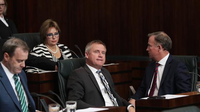 Premier Will Hodgman shows his displeasure at Sue Hickey after she was surprisingly nominated for Speaker and won. Picture: LUKE BOWDEN