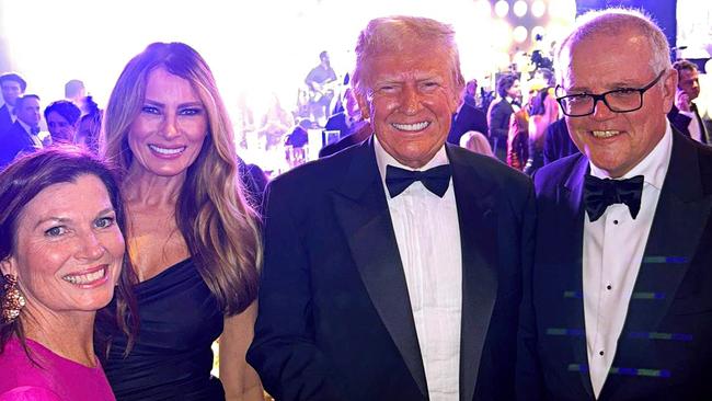 Former Australian Prime Minister Scott Morrison and his wife Jenny posing with US president-elect Donald Trump and his wife Melania at the New Year's Eve party at Mar-a-Lago. Picture: Scott Morrison