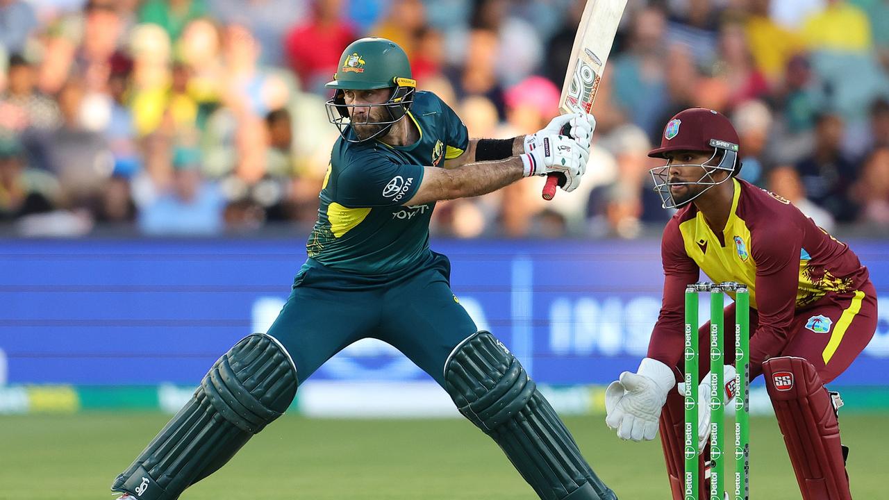 Glenn Maxwell on his way to a century in Adelaide . (Photo by Sarah Reed/Getty Images)