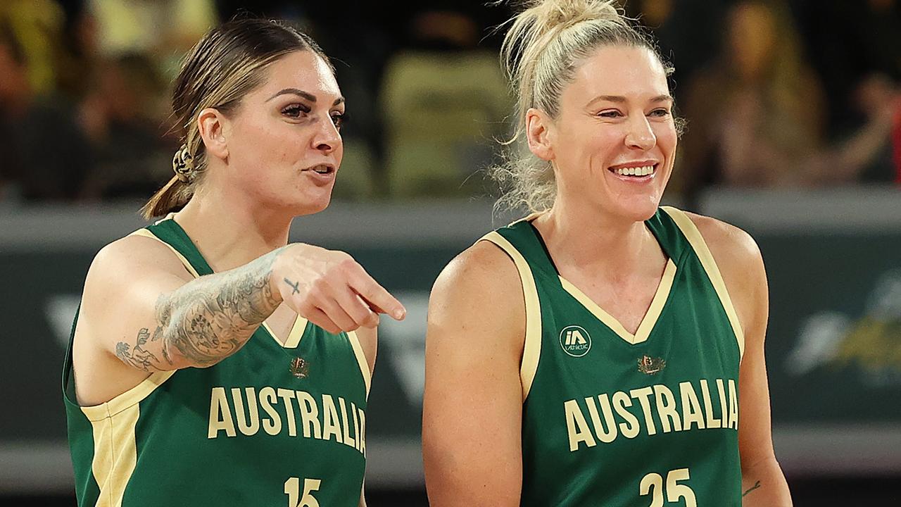 Cayla George and Lauren Jackson of the Opals. Photo by Kelly Defina/Getty Images.