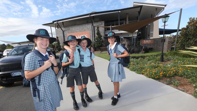 Emily Clark, 11, Josh Day, 11, Grant Garcia,10, and Ellis Petrucci, 11, at their King’s Christian College in Pimpama. Picture Mike Batterham