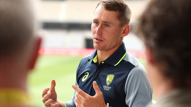 PERTH, AUSTRALIA - NOVEMBER 19: Marnus Labuschagne of Australia addresses the media before an Australia Test Squad training session at Optus Stadium on November 19, 2024 in Perth, Australia. (Photo by Paul Kane/Getty Images)