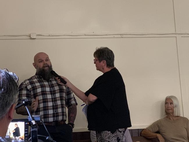 Lachlan Donaldson speaks at the NSW Flood inquiry session at Tumbulgum Hall on May 4, 2022. Picture: Liana Walker