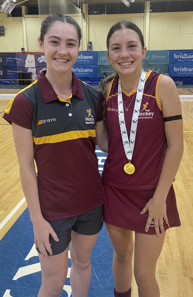 Bree Pendrigh (right) plays for Queensland Maroons in the Under 18 State Championships in Brisbane. Picture: Rhylee Pendrigh