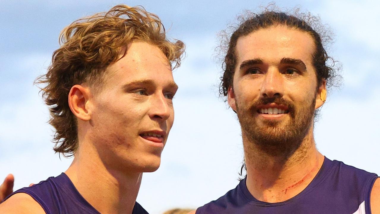 Matthew Johnson, left, will debut for Fremantle in round 3. Picture: James Worsfold/AFL Photos