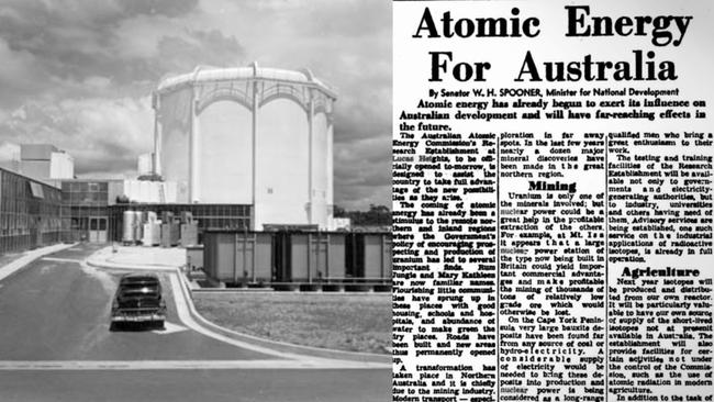 The Lucas Heights nuclear reactor shortly after its opening in 1958, and a newspaper article about its research prospects. Picture: Trove