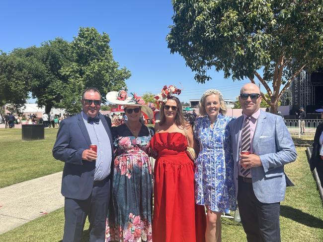 Brendan, Jill, Sherryn, Bindi and Sam enjoying the Melbourne Cup. Picture: Oscar Jaeger