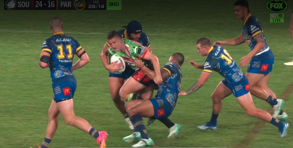 The Joe Ofahengaue hip drop tackle, which was not charged. Picture: Fox League