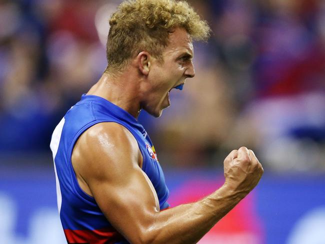 Mitch Wallis celebrates his goal in the third quarter. Picture: Michael Klein