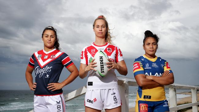 NRLW stars Corban Baxter (Roosters), Kezie Apps (Dragons) and Simaima Taufa (Eels). Picture: Toby Zerna