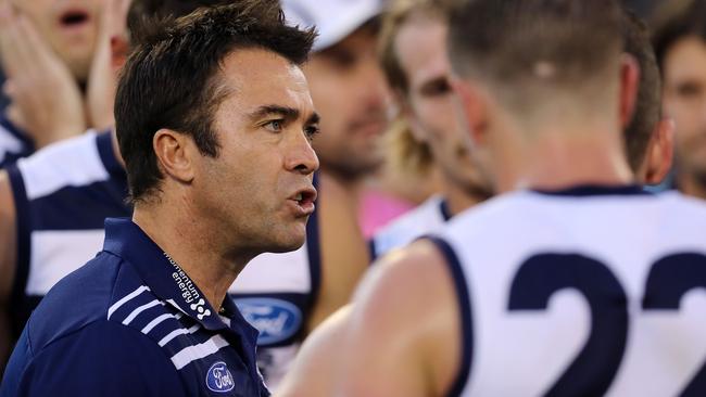 Geelong coach Chris Scott talks to his players. Picture: Michael Klein
