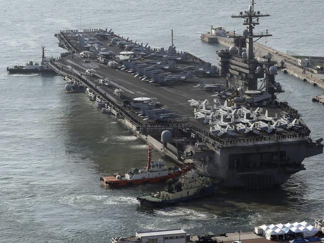US Navy aircraft carrier, the USS Carl Vinson, is moving towards the western Pacific Ocean to provide a physical presence near the Korean Peninsula. Picture: Jo Jung-ho/Yonhap via AP