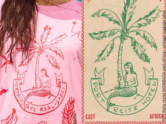 Cult Queensland fashion label Sabbi (left) is facing mounting criticism, with online influencers accusing the brand of copying other brands and artists, including a mid-century travel poster originally commissioned for the Port Reitz hotel in Mombasa, Kenya (right).