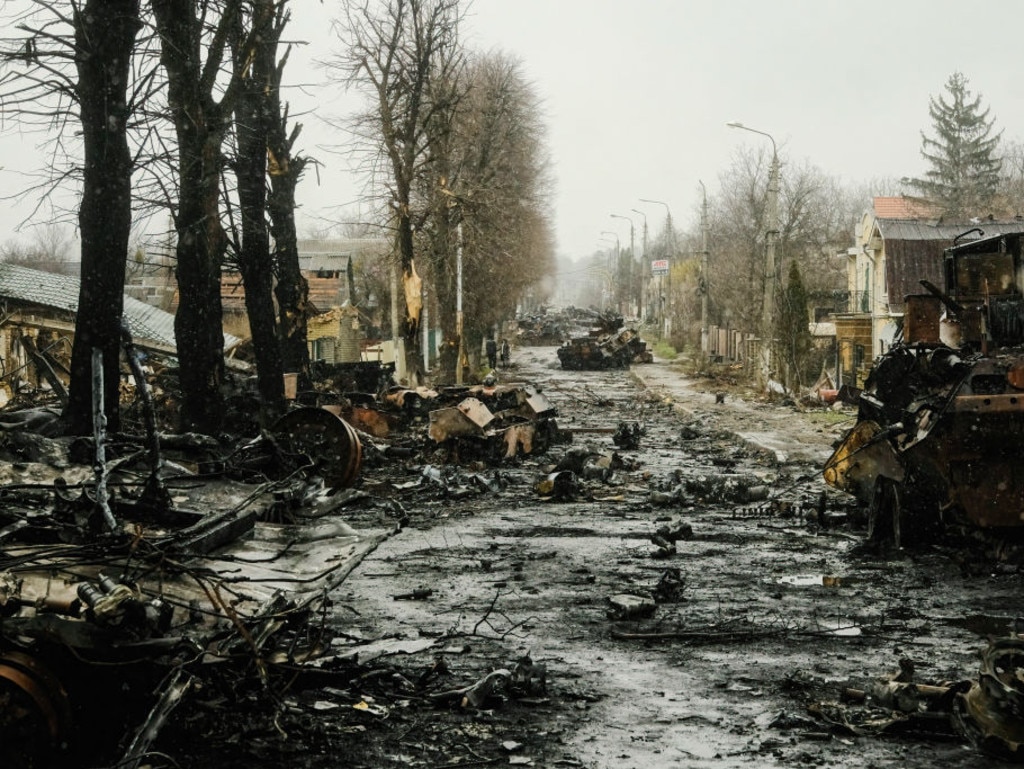 The streets of Bucha were left blackened after a heavy Russian assault.