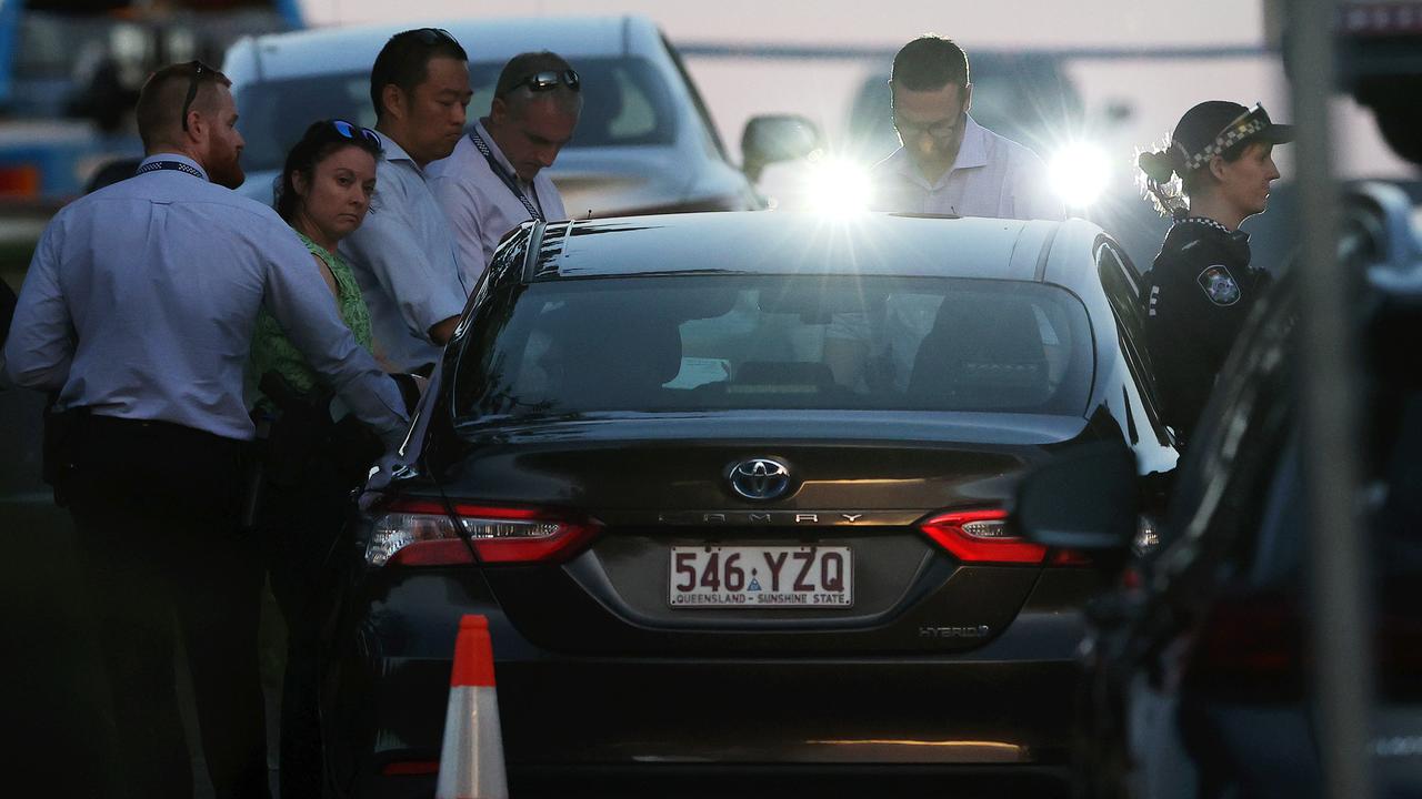 Police attend the scene of a fatal stabbing in Carindale near the Goodlife Health Club. Picture: Nigel Hallet.