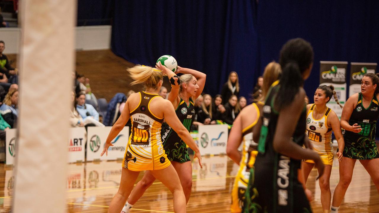 Cavaliers wing attack Shelby Miller with the ball in the grand final match against the Northern Hawks at Launceston's Silverdome. Picture: PATRICK GEE/SUPPLIED