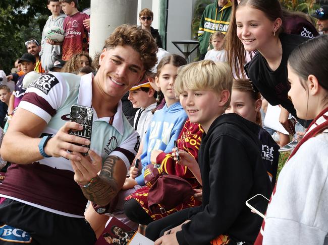 Reece Walsh with fans, Brisbane Broncos training, Red Hill. Picture: Liam Kidston