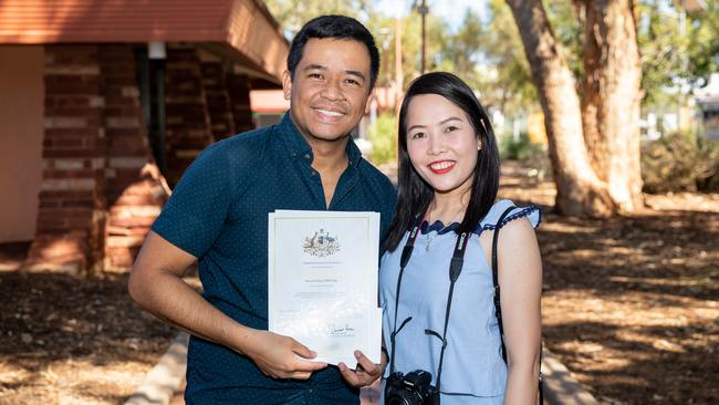 New citizen Percival Pascual and his wife Illiyana are all smiles after the Alice Springs Town Council Harmony Day citizenship ceremony on March 20. Photo: EMMA MURRAY
