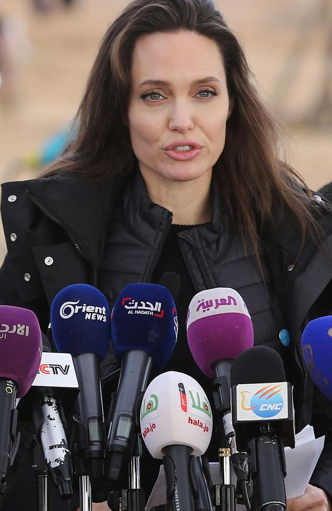 United Nations refugee agency special envoy Angelina Jolie holds a press conference during a visit to Jordan's Zaatari camp for Syrian refugees on January 28, 2018. Picture: AFP Photo