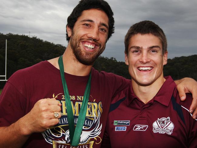 Manly Sea Eagles after their 2008 NRL Premiership victory at the Sydney Institute of Sport, Narrabeen. ( L to R ) Clive Churchill Medal winner Brent Kite with Matt Ballin.