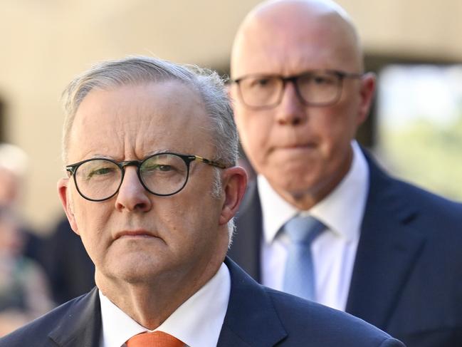 CANBERRA, AUSTRALIA  - NewsWire Photos - February 3, 2025:  Prime Minister Anthony Albanese and Leader of the Opposition Peter Dutton during the last post ceremony at the Australian War Memorial in Canberra. Picture: NewsWire / Martin Ollman