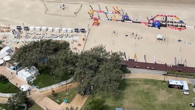 The Beach Bar at Kurrawa on the Gold Coast, an aerial shot showing different beach users.