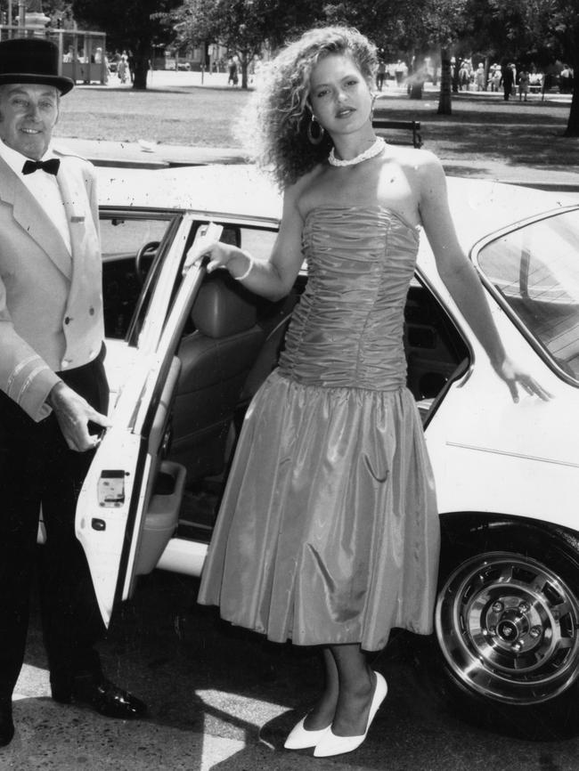 Model Georgina Odgers demonstrating the latest fashion – a drop-waisted dress – from Hiltons in 1988 with that ubiquitous ‘80s hairstyle: a perm.