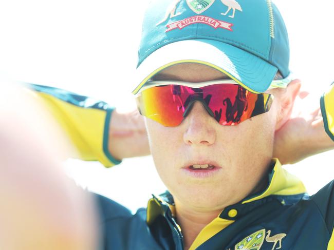 CANBERRA, AUSTRALIA - JANUARY 27:  Alyssa Healy of Australia looks on during game one of the Women's T20 International series between Australia and South Africa at Manuka Oval on January 27, 2024 in Canberra, Australia. (Photo by Mark Metcalfe/Getty Images)