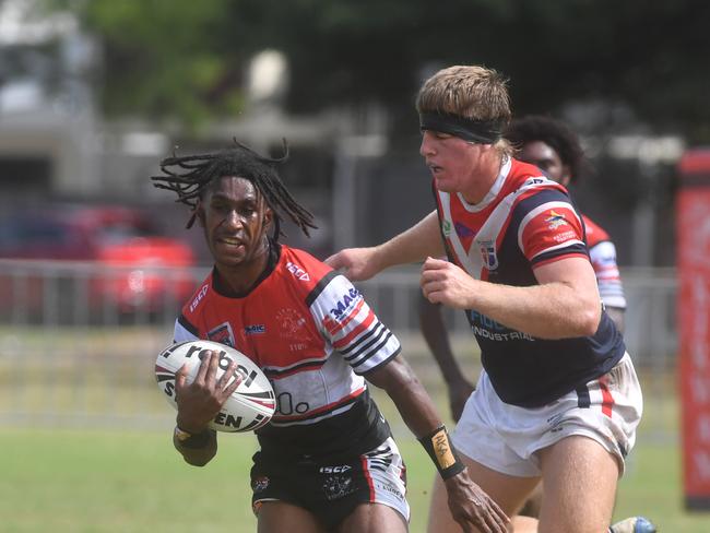 Kirwan State High School hosts St Patrick's College, Mackay, in round 1 of the 2025 Aaron Payne Cup. Kirwan's Number 6 runs 60 meters for individual tray. Picture: Evan Morgan