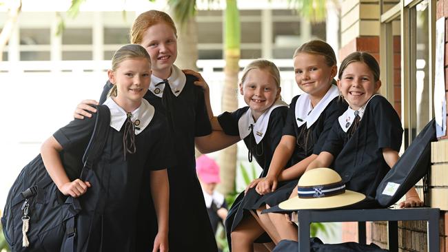 St Aidan’s Anglican Girls’ School students, from left, Emily Bruderlin, Grace Humphrey, Lucia Bailey, Lottie Bruderlin and Ariella Meehan during a break in class. Photo: Lyndon Mechielsen/The Australian