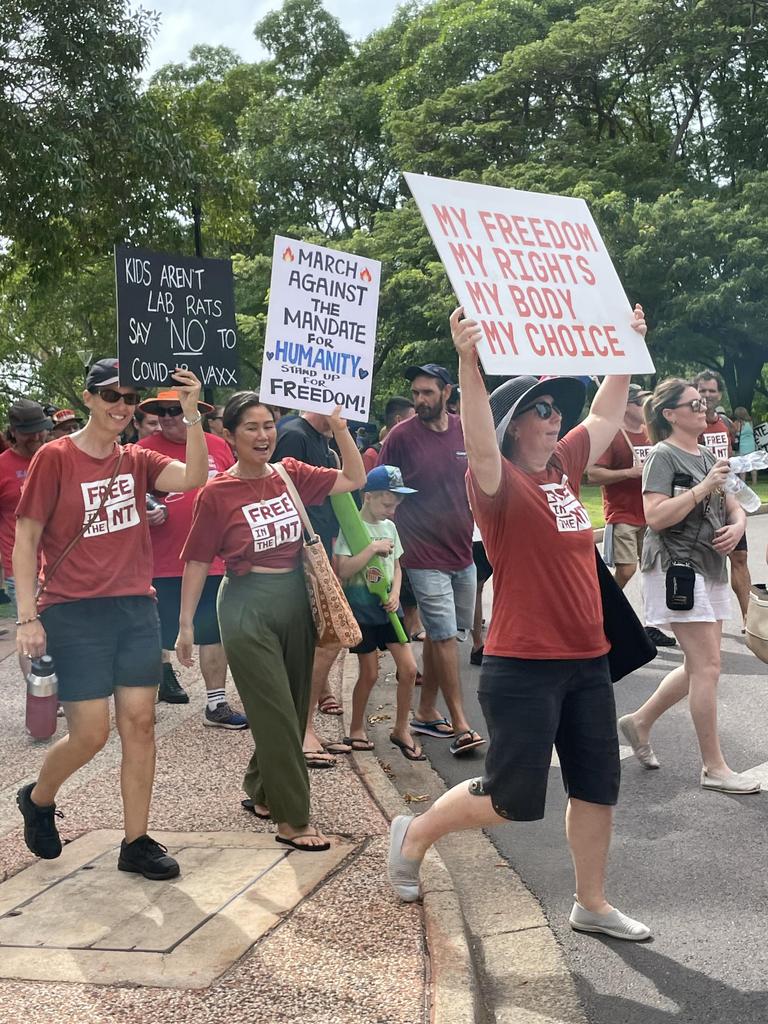 Protesters march through Darwin’s CBD against vaccination mandates on January 15 2022. Picture: Thomas Morgan