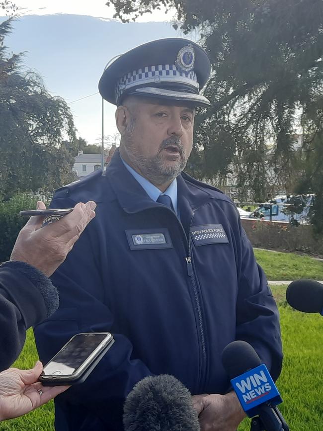 Superintendent Paul Condon speaks to media outlets outside Goulburn Police Station following a fatal plane crash.