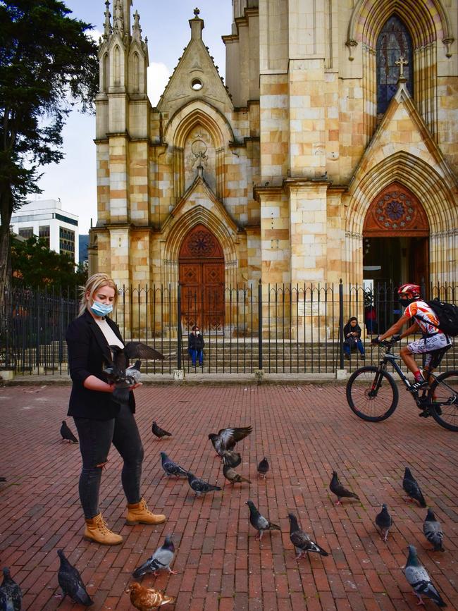 Sainsbury stopped to admire a traditional sandstone church on her wedding shopping trip in Bogota. Picture: Backgrid